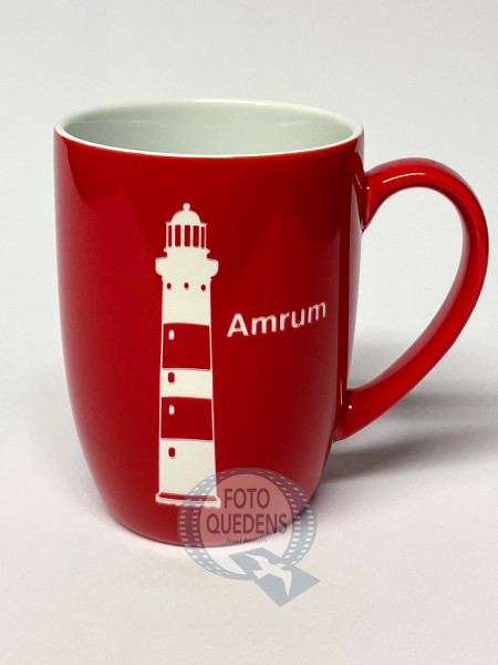 Amrum-Becher, rot, mit gesandstrahltem Leuchtturm, exklusiv